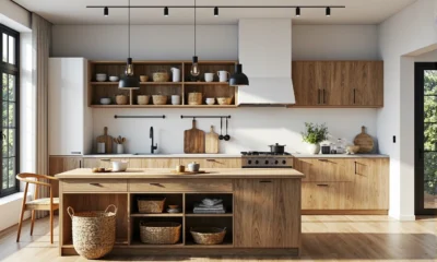Meble kuchenne dąb craft z wyspą i otwartymi półkami
