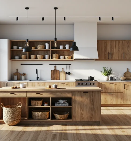 Meble kuchenne dąb craft z wyspą i otwartymi półkami