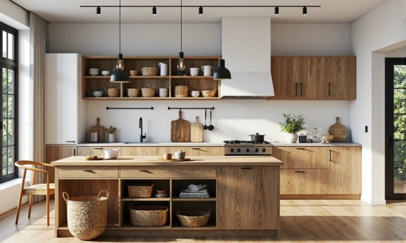 Meble kuchenne dąb craft z wyspą i otwartymi półkami