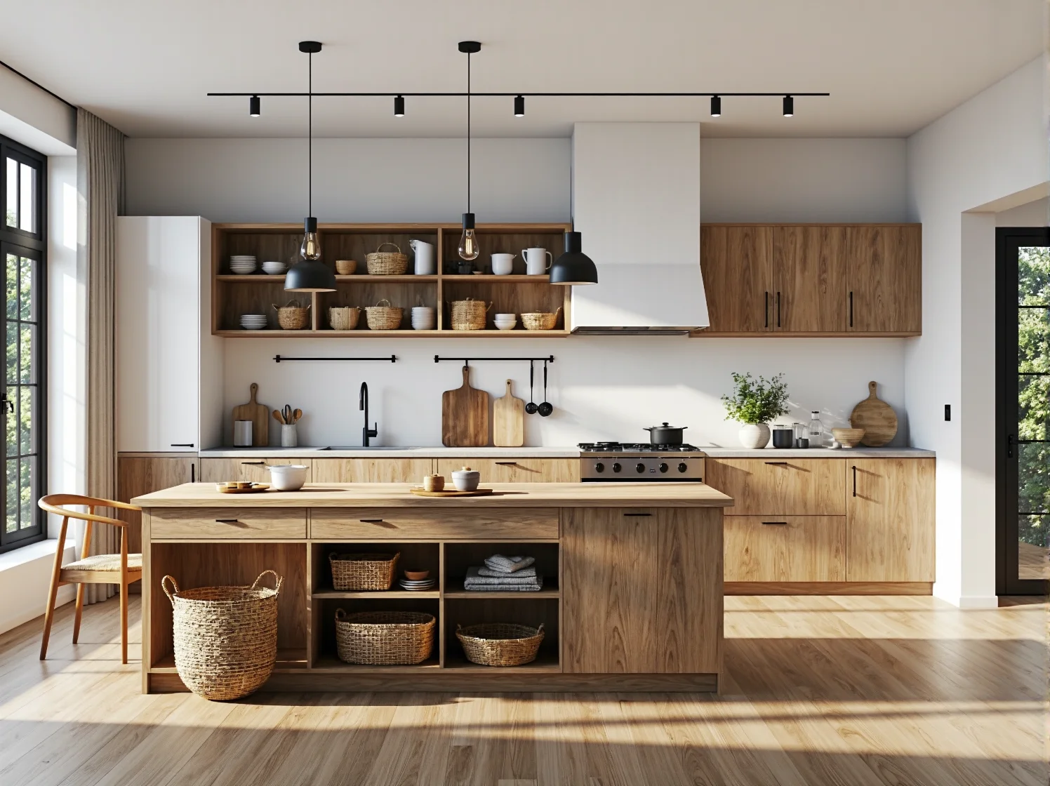 Meble kuchenne dąb craft z wyspą i otwartymi półkami