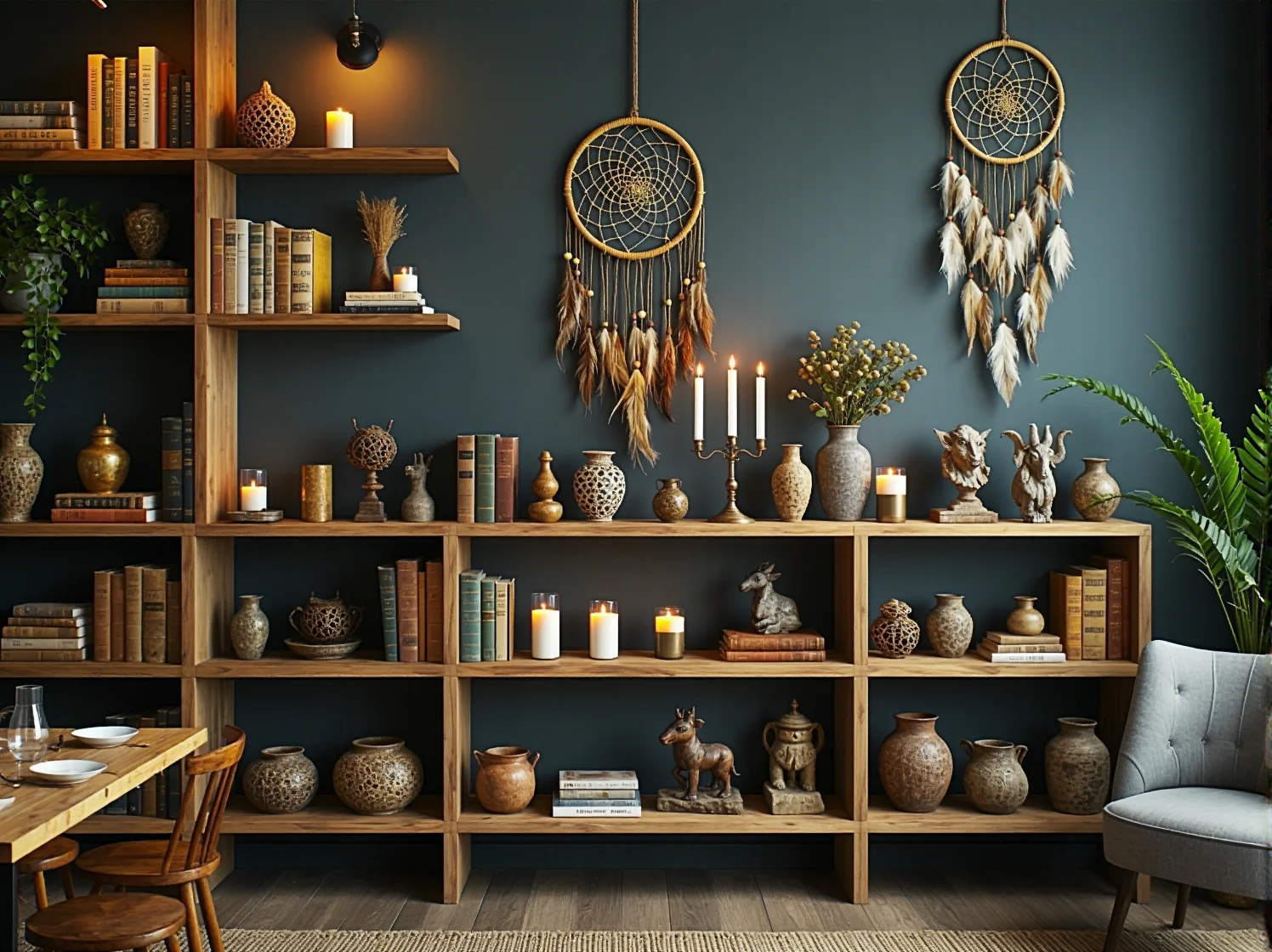 Etniczne wzory na poduszkach i dywanach jako kluczowe dodatki w wystroju restauracji w stylu boho.