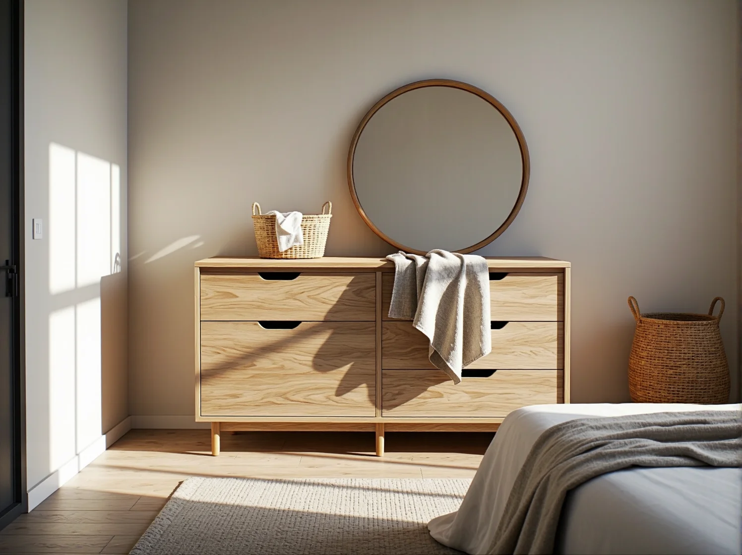 Funkcjonalna niska komoda japandi w jasnej sypialni – harmonia i spokój