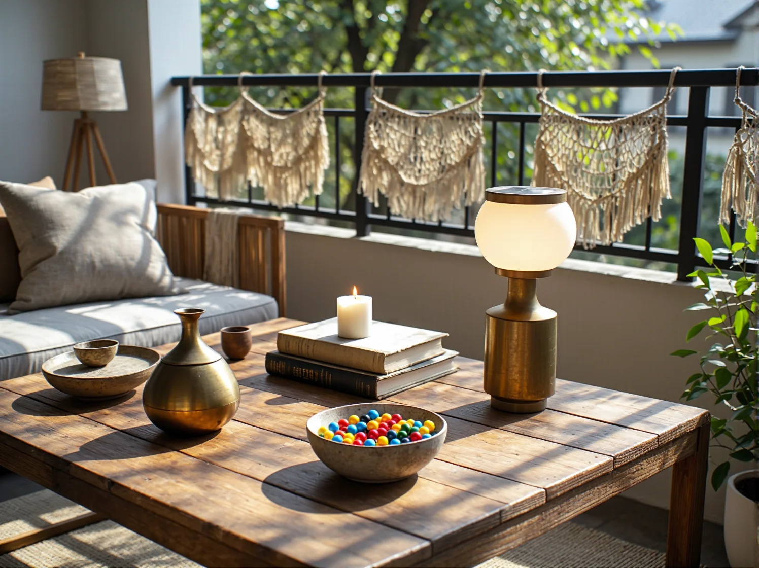 Wieczorna oaza relaksu na balkonie boho udekorowana girlandami solarnymi i poduszkami