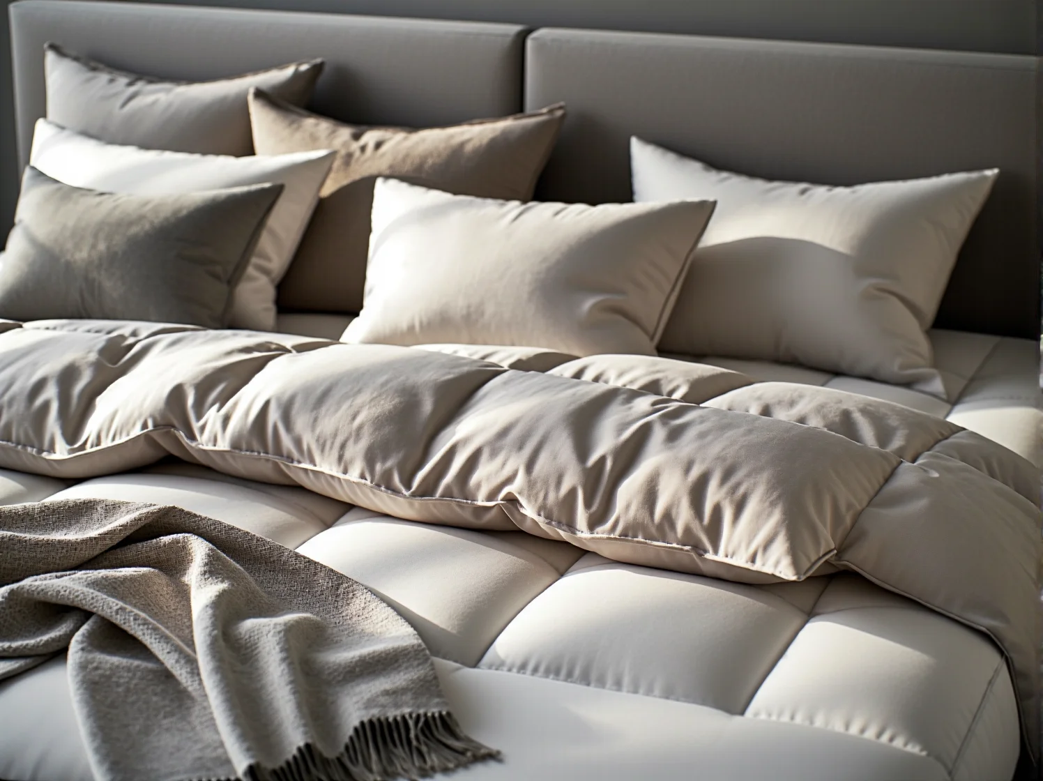 Nowoczesne łóżko z wysokiej jakości materacem piankowym w jasnej sypialni.