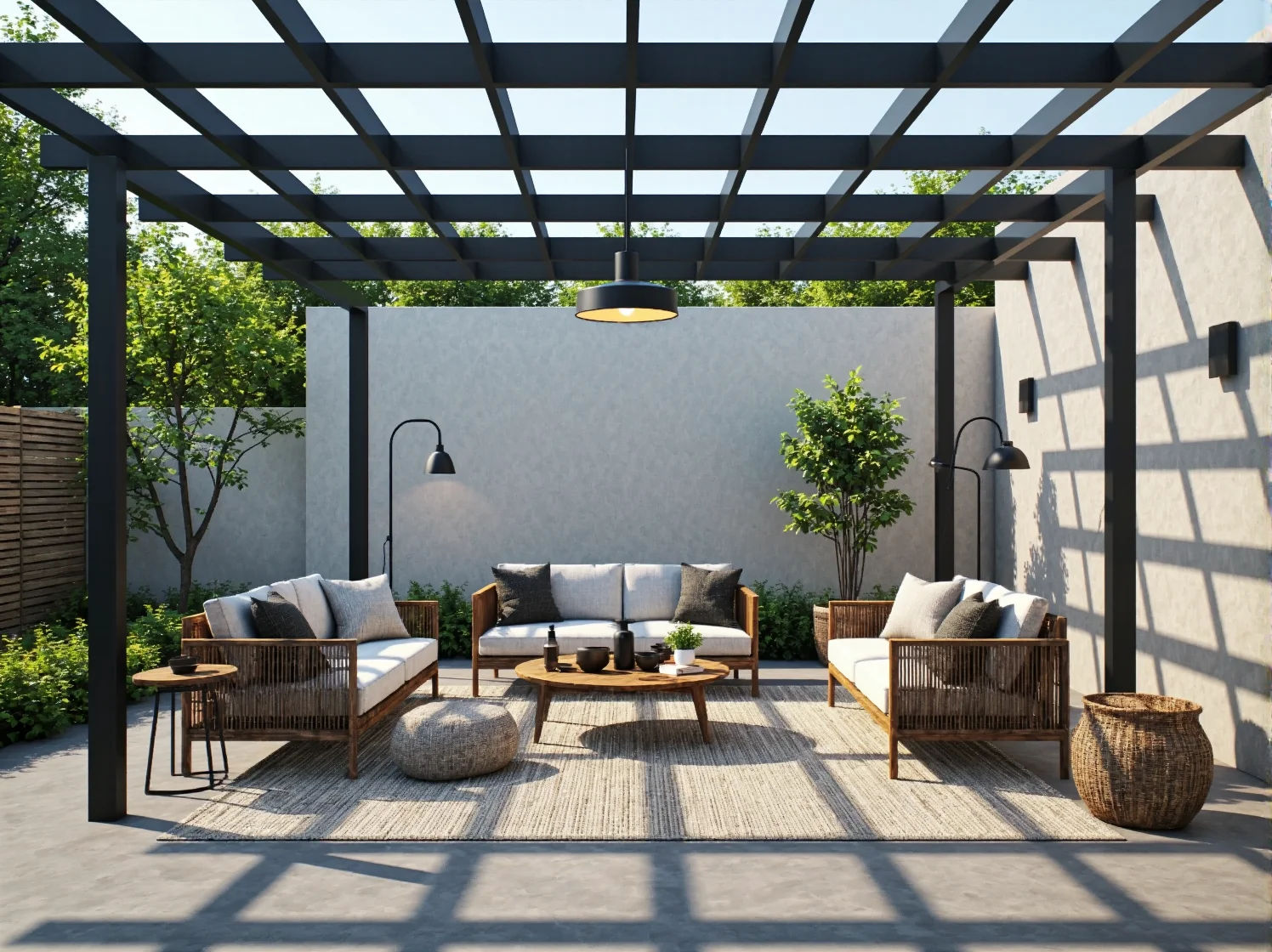 Zbliżenie na metalową lampę w stylu industrialnym, idealną do oświetlenia pergoli tarasowej.