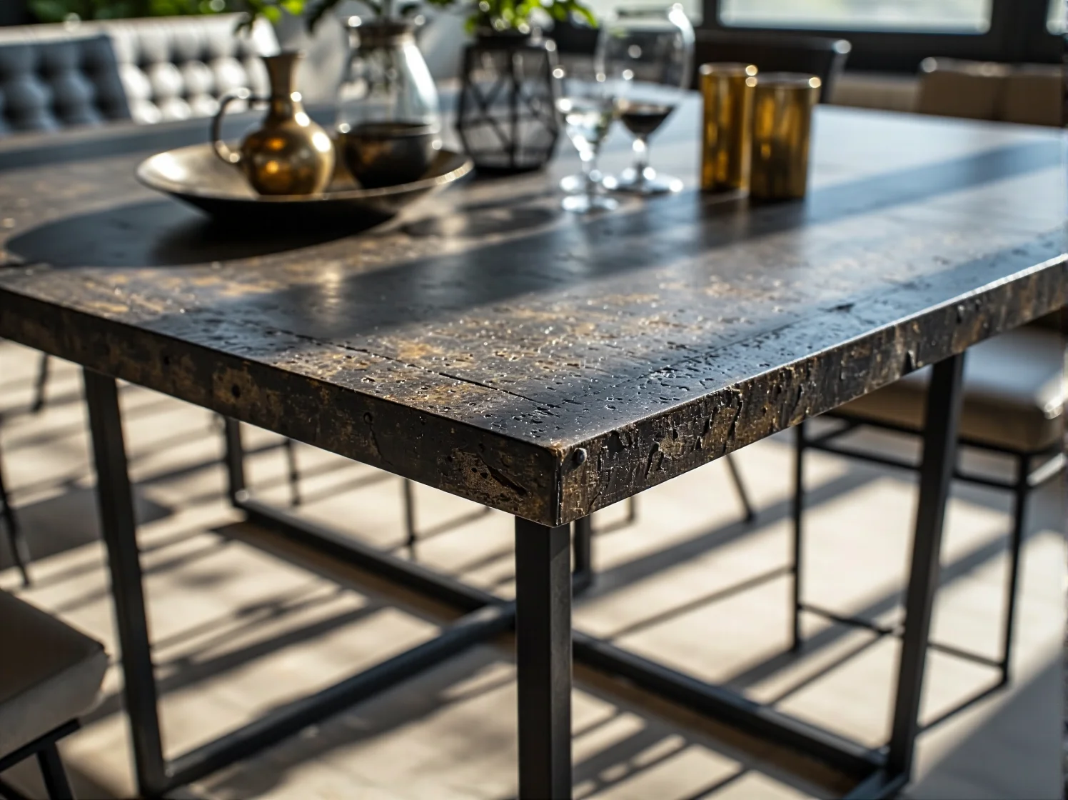 Industrialny stół barowy wykonany z recyklingowanego metalu. Trwały i stylowy wybór do nowoczesnego domu.