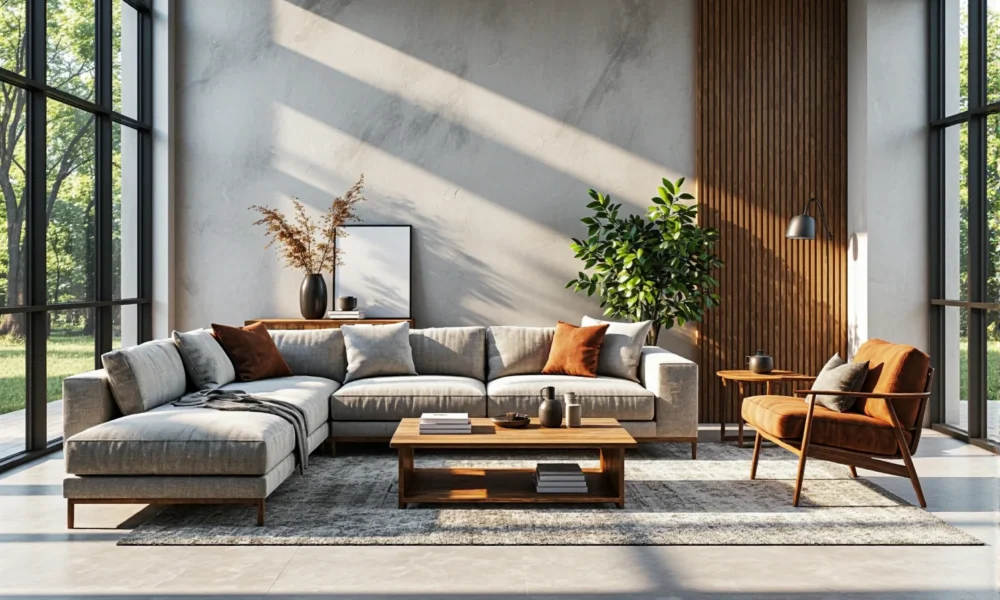 Nowoczesna sofa narożna szara z drewnianym stolikiem kawowym