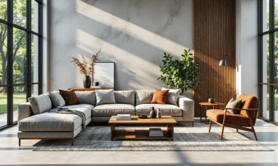 Nowoczesna sofa narożna szara z drewnianym stolikiem kawowym