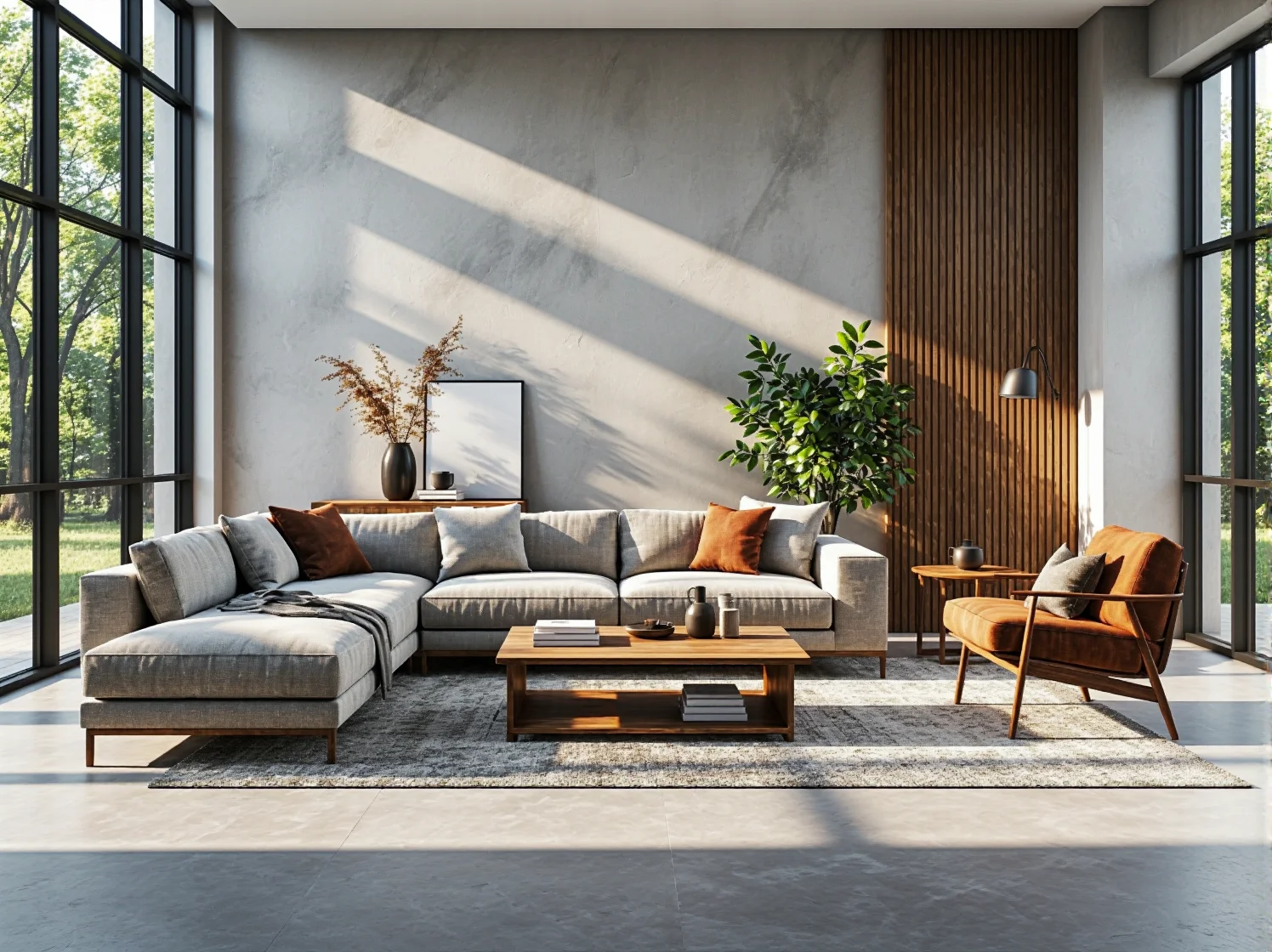 Nowoczesna sofa narożna szara z drewnianym stolikiem kawowym