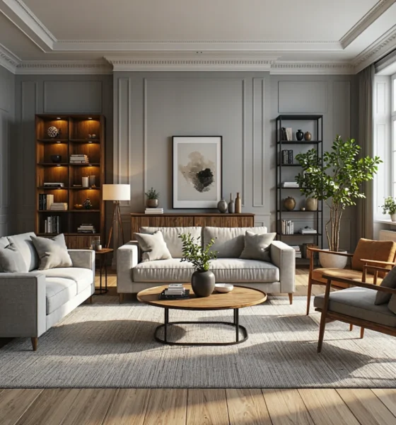 Drewniany stolik kawowy okrągły z orzechowym blatem i metalową podstawą