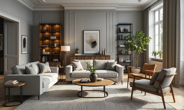 Drewniany stolik kawowy okrągły z orzechowym blatem i metalową podstawą