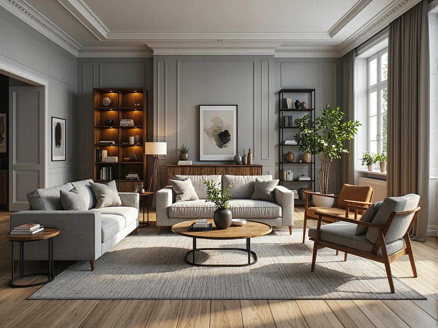 Drewniany stolik kawowy okrągły z orzechowym blatem i metalową podstawą