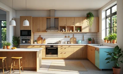 Białe lampy wiszące w kuchni ze stylową zabudową drewnianą