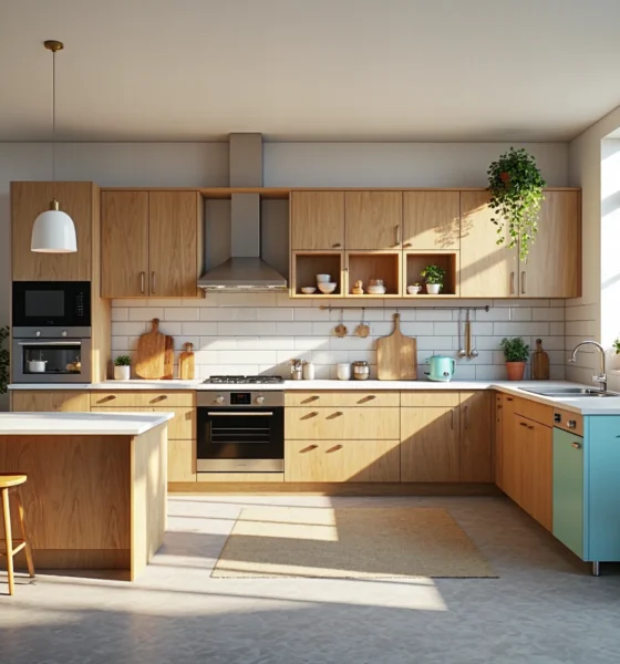 Białe lampy wiszące w kuchni ze stylową zabudową drewnianą