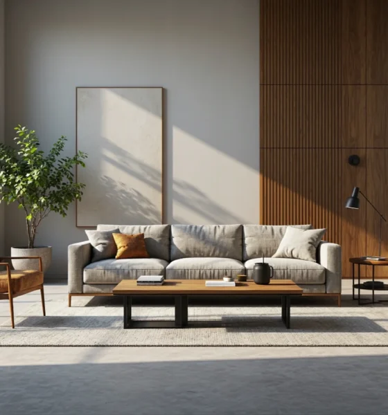 Nowoczesna sofa szara tapicerowana z drewnianym stolikiem kawowym