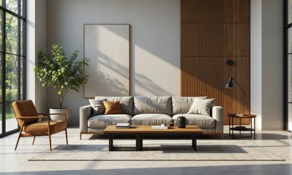 Nowoczesna sofa szara tapicerowana z drewnianym stolikiem kawowym