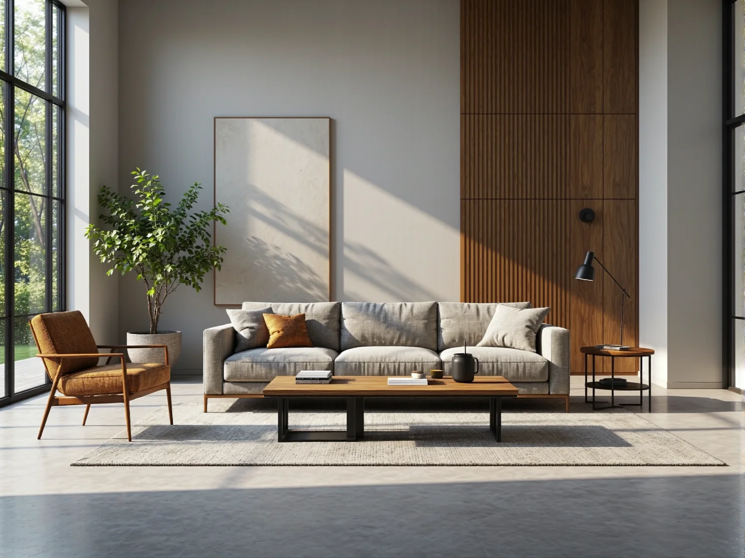 Nowoczesna sofa szara tapicerowana z drewnianym stolikiem kawowym