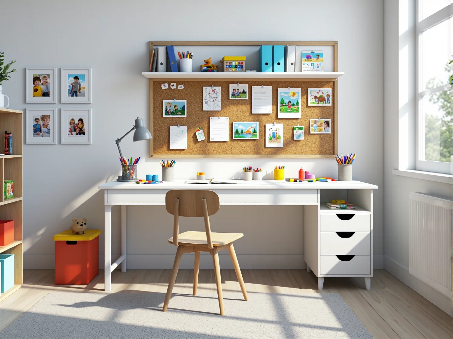 Jasne meble dziecięce w pastelowym pokoju dziewczynki, tworzące przytulną i spójną aranżację.