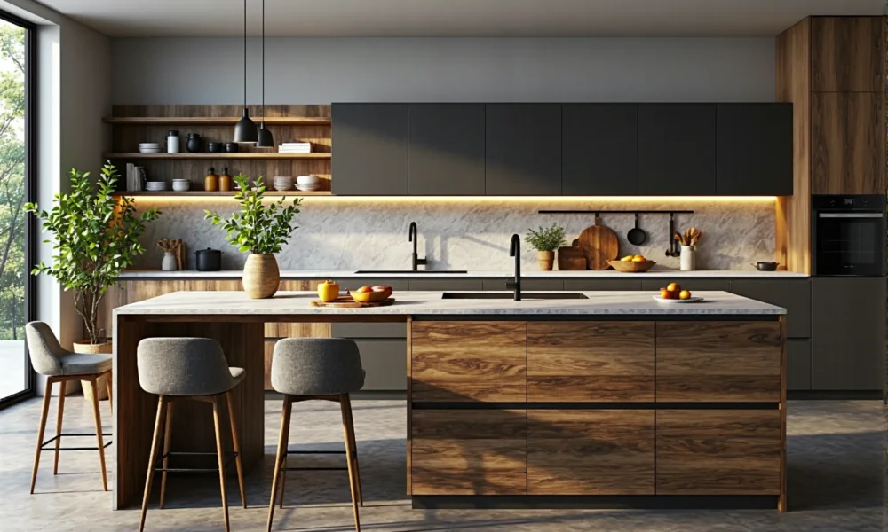 Szare krzesła barowe tapicerowane na drewnianych nogach