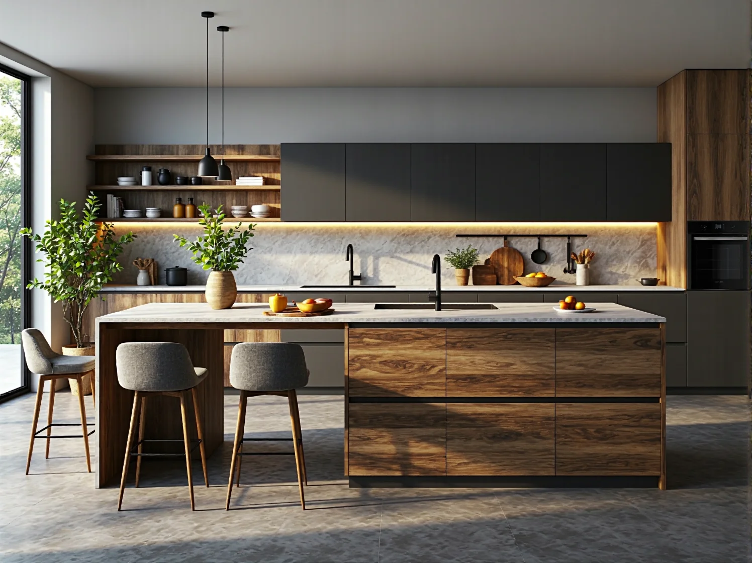 Szare krzesła barowe tapicerowane na drewnianych nogach