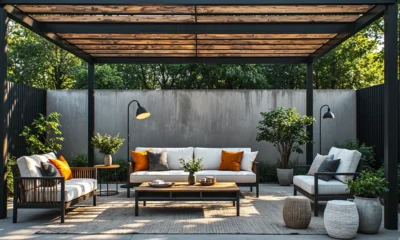 Czarne lampy podłogowe industrialne pod drewnianą pergolą ogrodową