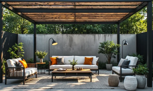 Czarne lampy podłogowe industrialne pod drewnianą pergolą ogrodową