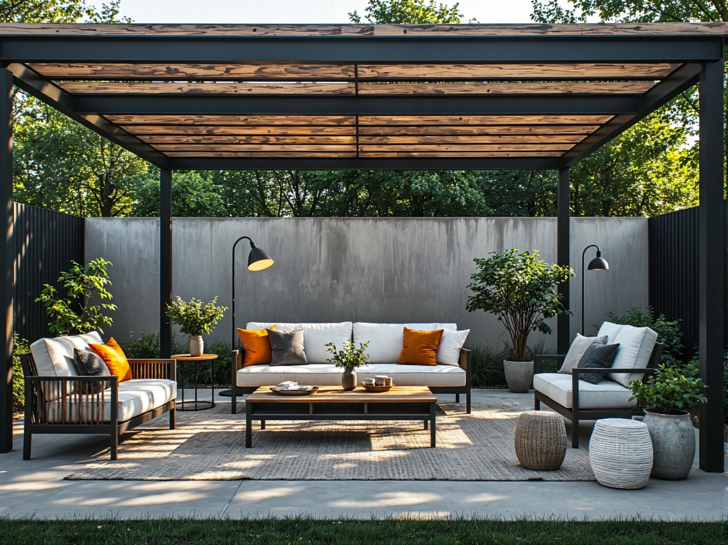 Czarne lampy podłogowe industrialne pod drewnianą pergolą ogrodową