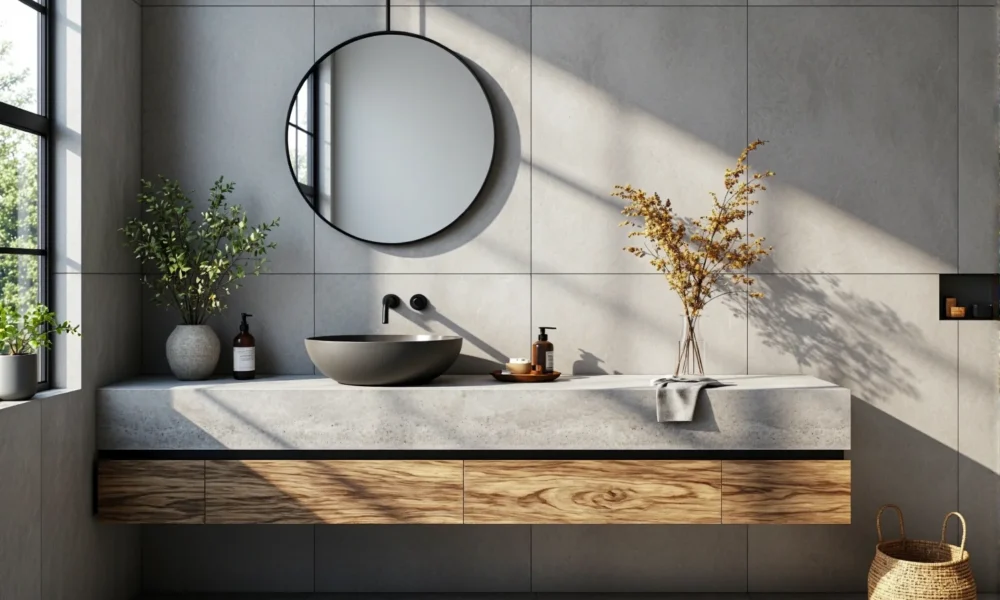 Szafka łazienkowa wisząca dąb z betonowym blatem i umywalką