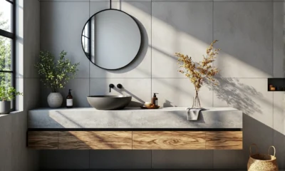 Szafka łazienkowa wisząca dąb z betonowym blatem i umywalką