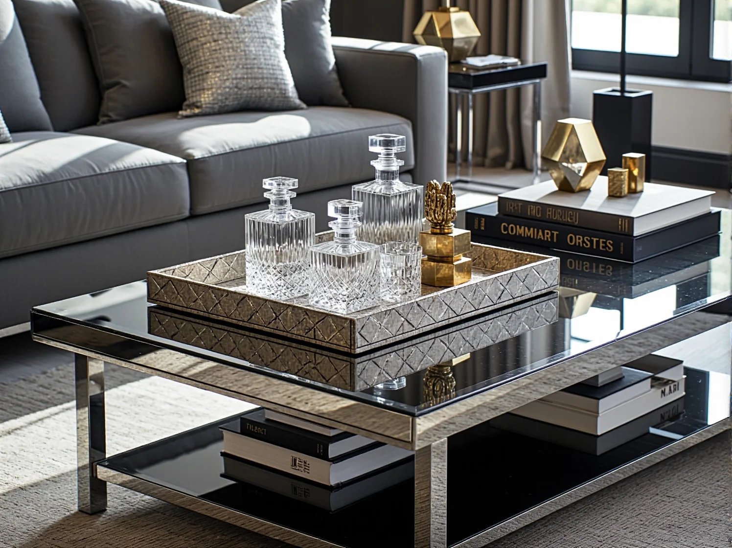 Elegancka sofa welurowa i stolik kawowy w salonie art déco, symbol luksusu i wyrafinowanego designu.