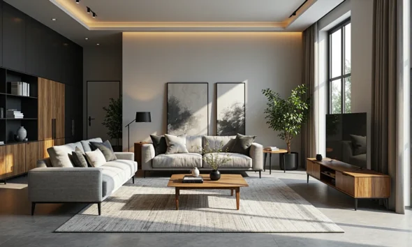 Nowoczesna meblościanka grafit z dębowymi frontami i półkami