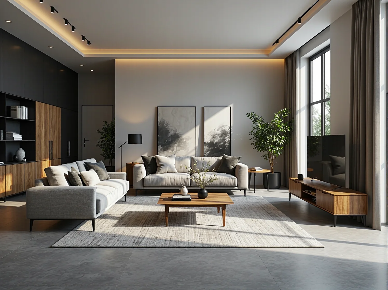 Nowoczesna meblościanka grafit z dębowymi frontami i półkami