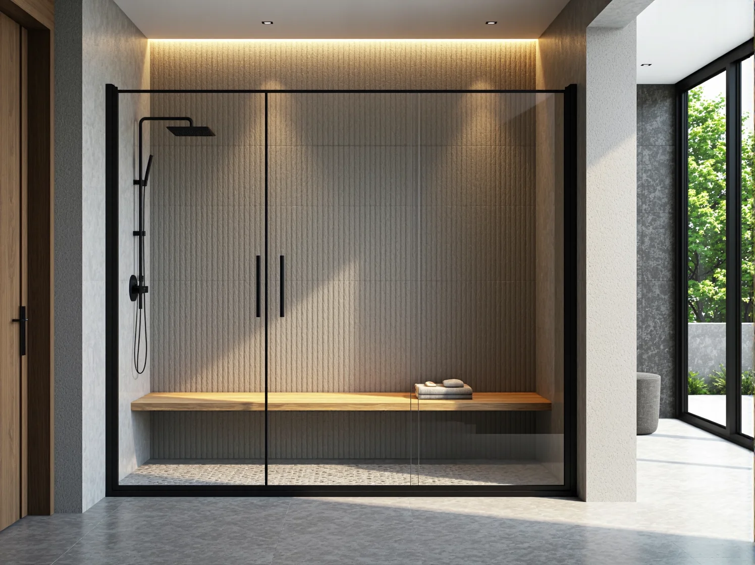 Mała łazienka industrialna, w której połączono surowy beton, czarne lampy i okrągłe lustro w metalowej ramie.