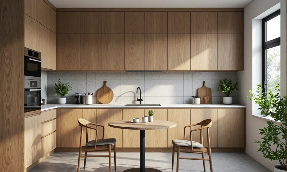 Okrągły stół dębowy z dwoma krzesłami na metalowej nodze