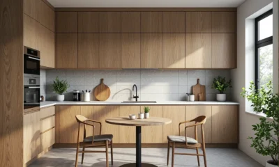 Okrągły stół dębowy z dwoma krzesłami na metalowej nodze