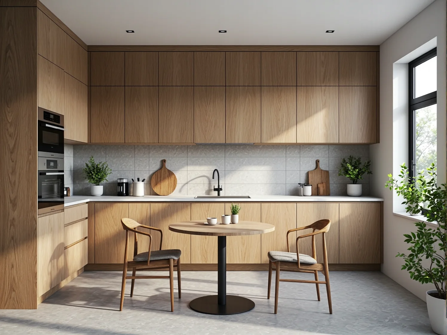 Okrągły stół dębowy z dwoma krzesłami na metalowej nodze