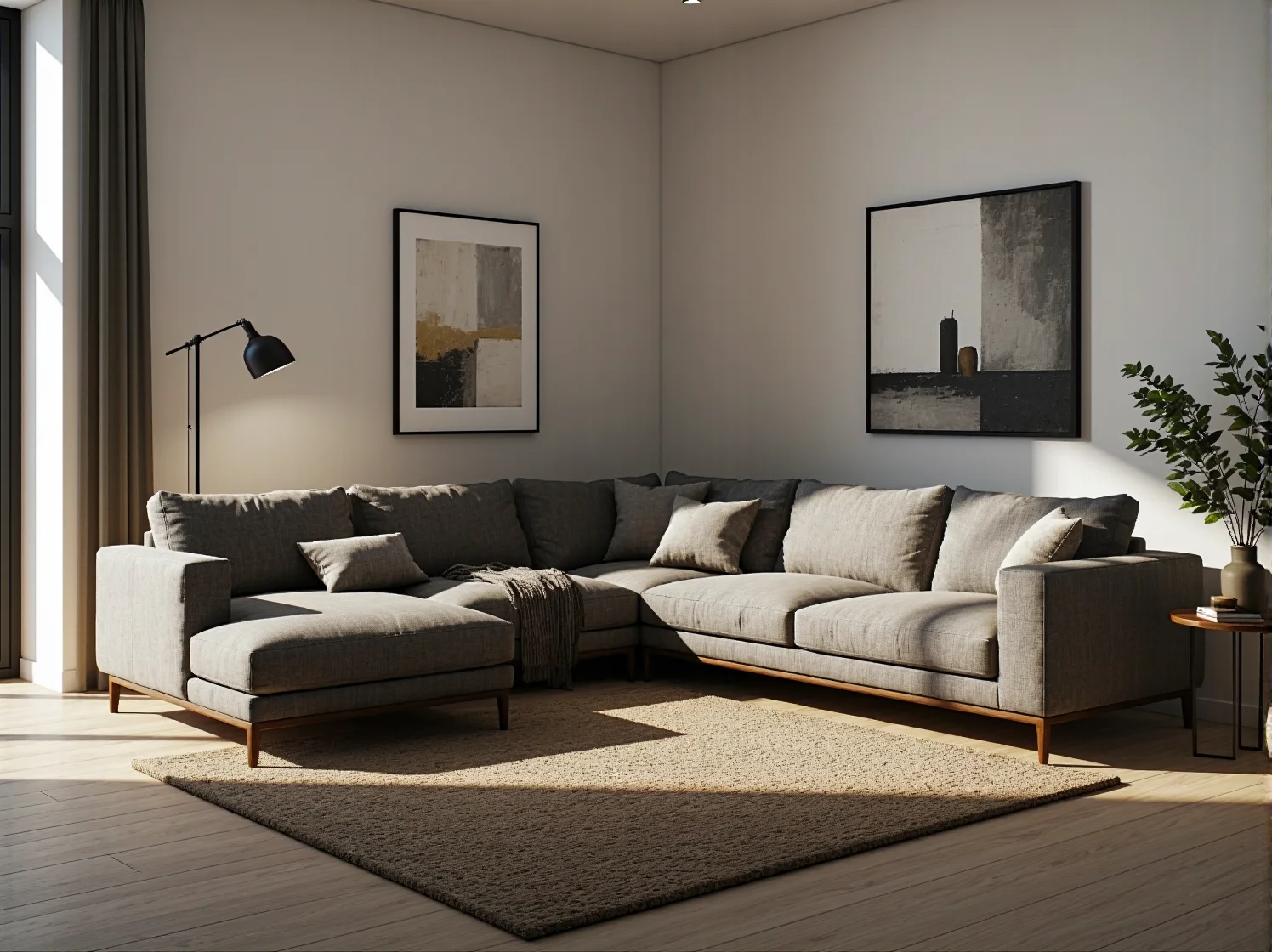 Mały, szary narożnik na wysokich nóżkach, który optycznie powiększa przestrzeń małego salonu.