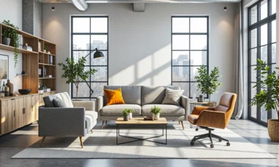 Zestaw mebli coworkingowych z szarą sofą i drewnianym regałem