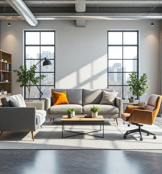 Zestaw mebli coworkingowych z szarą sofą i drewnianym regałem