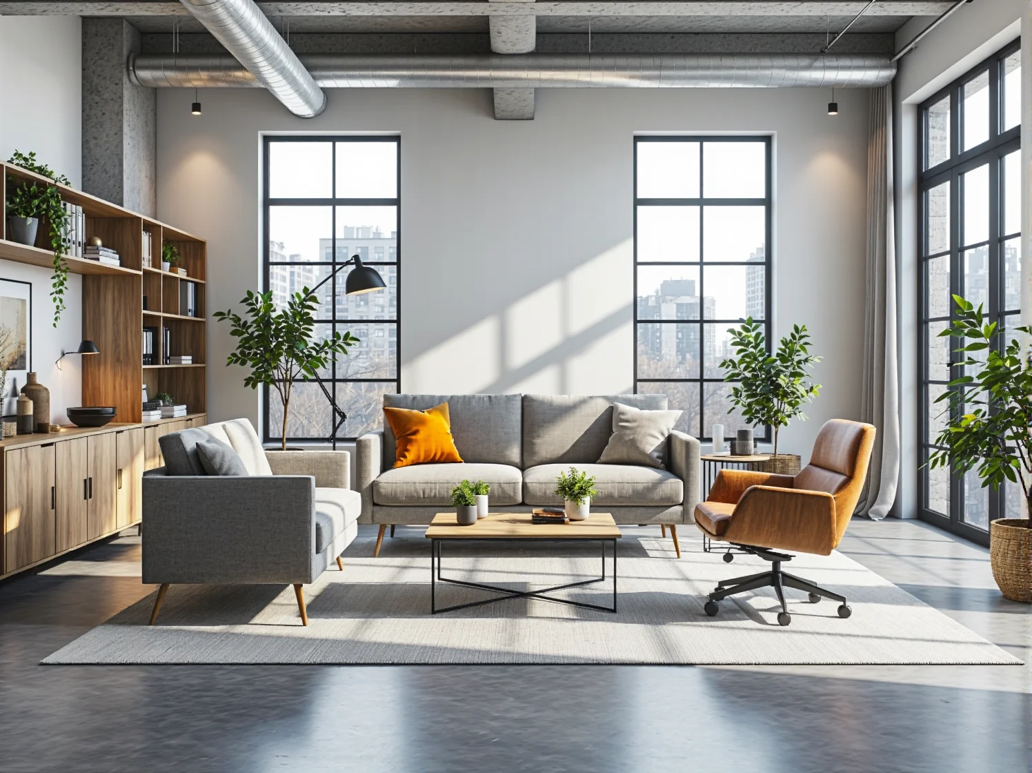 Zestaw mebli coworkingowych z szarą sofą i drewnianym regałem