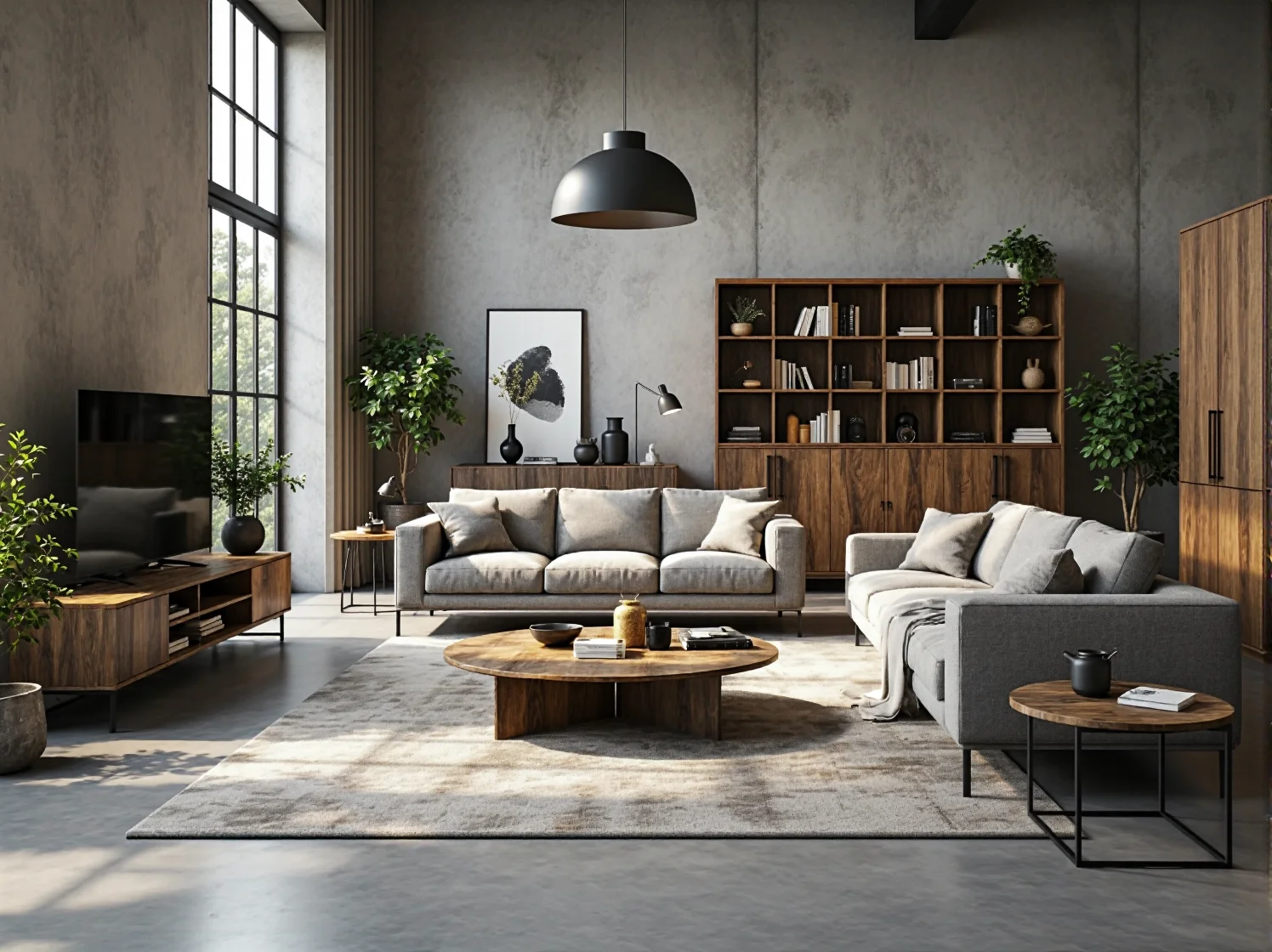 Regał industrialny orzech z otwartymi półkami i metalową ramą