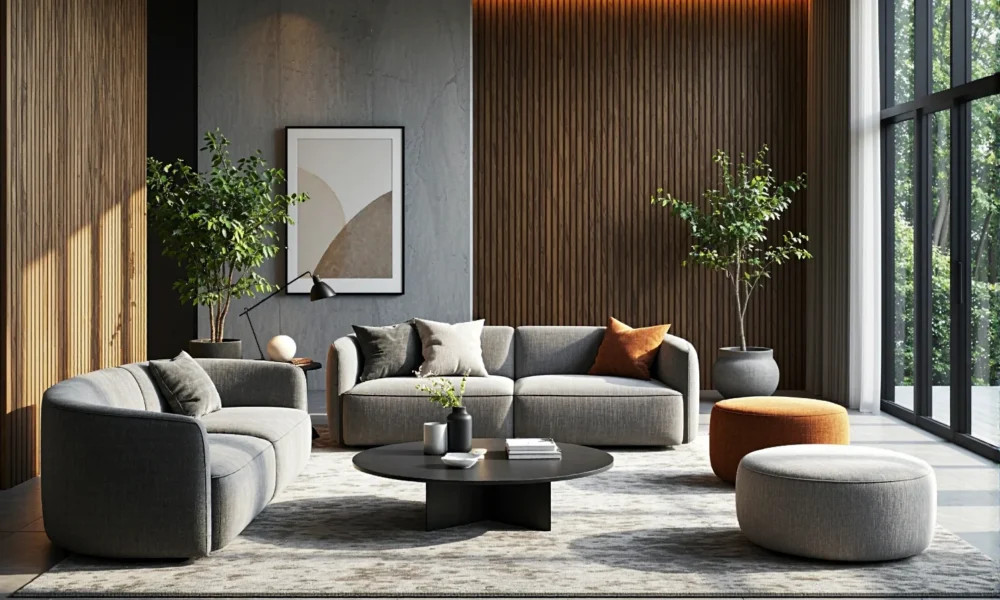 Nowoczesny zestaw wypoczynkowy szary z sofą fotelem i pufami