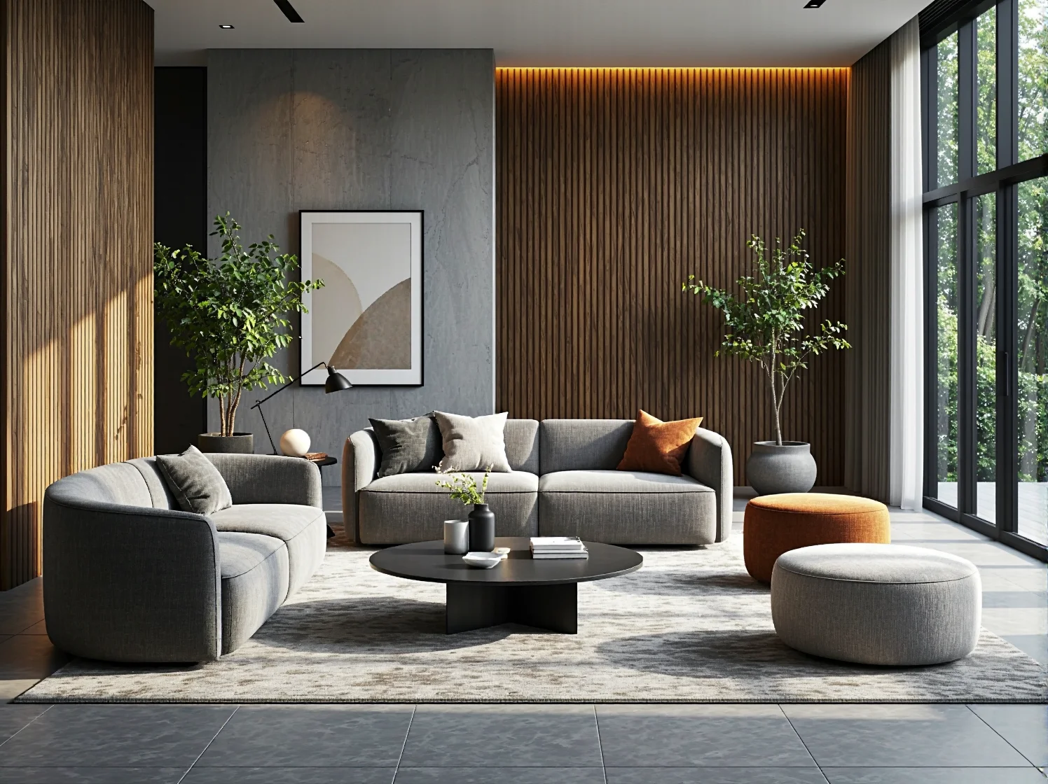 Nowoczesny zestaw wypoczynkowy szary z sofą fotelem i pufami