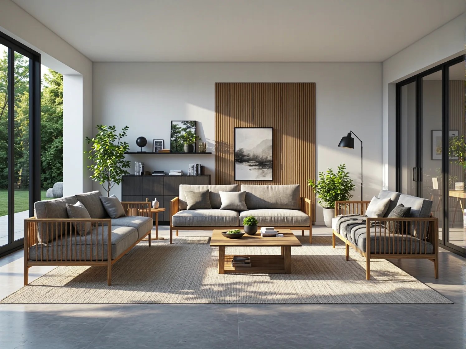 Zestaw wypoczynkowy ogrodowy drewniany z beżowymi poduszkami