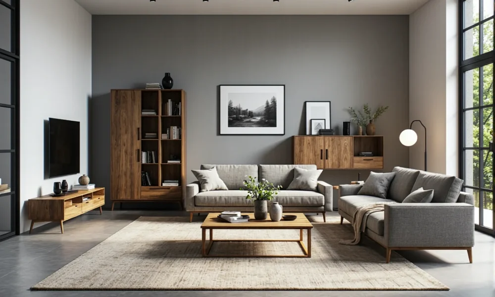 Komplet mebli salonowych orzech z szarą sofą i stolikiem kawowym