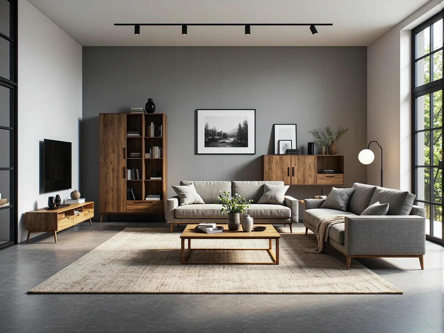 Komplet mebli salonowych orzech z szarą sofą i stolikiem kawowym