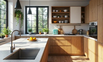 Nowoczesne meble kuchenne dąb naturalny z białym blatem i otwartymi półkami