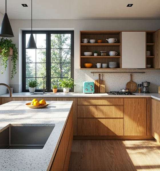 Nowoczesne meble kuchenne dąb naturalny z białym blatem i otwartymi półkami