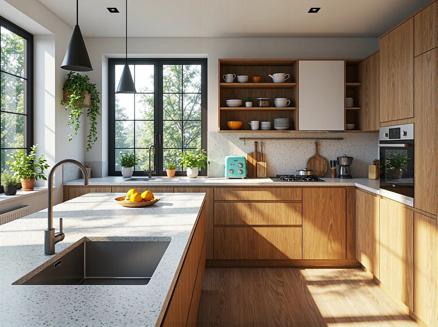 Nowoczesne meble kuchenne dąb naturalny z białym blatem i otwartymi półkami