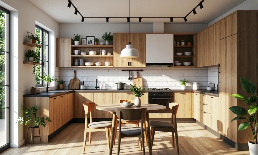 Drewniany stół okrągły z czterema krzesłami w stylu skandynawskim